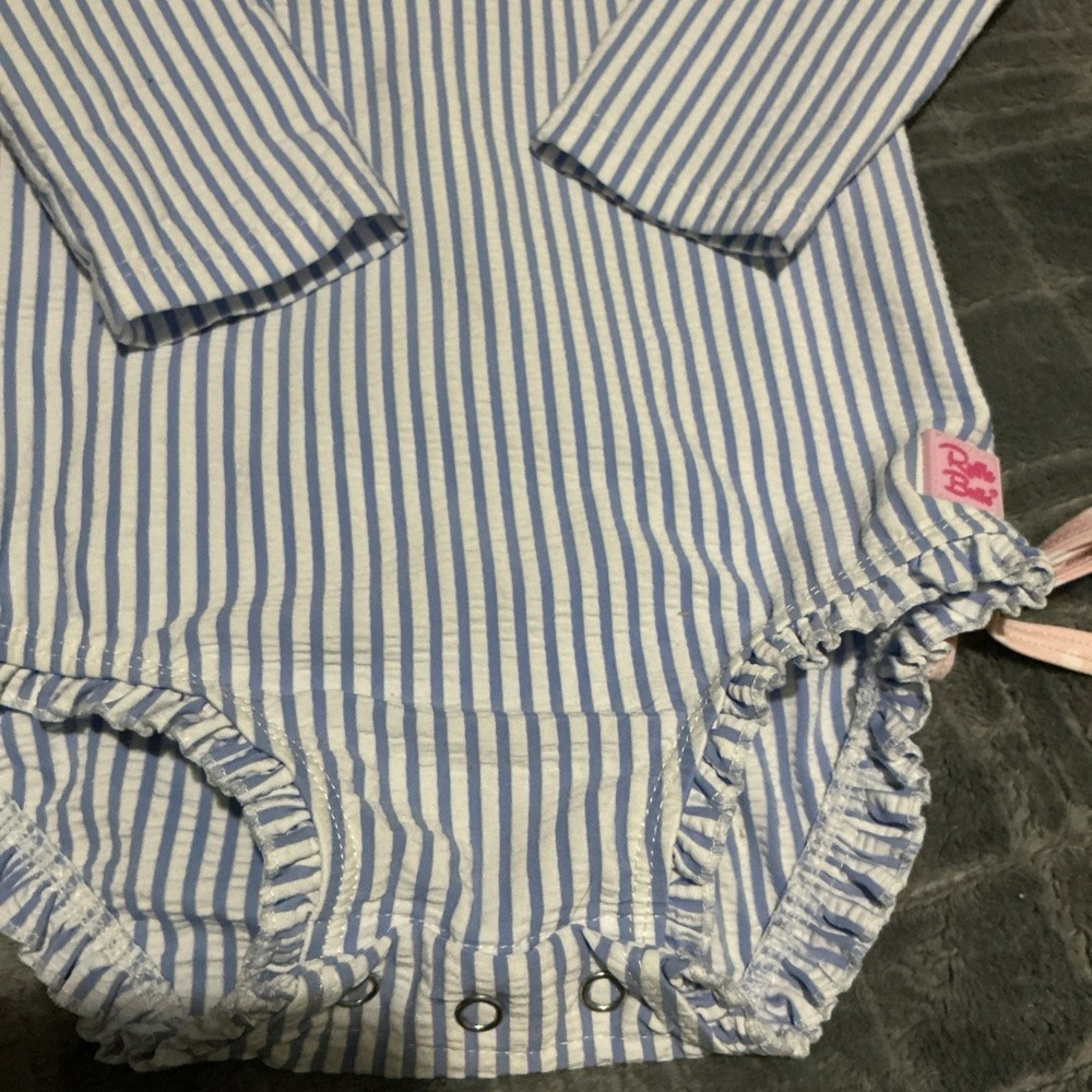RuffleButts Baby Swimsuit 2T Blue/White/Pink Striped Long Sleeve One‑Piece - Picture 2 of 4